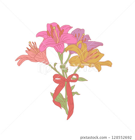 Hand drawn line art of beautiful romantic bouquet with colorful lilies flowers and cute bow knot 128552692