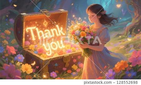An illustration of a girl filled with joy as she takes out a bouquet of flowers of gratitude from a treasure chest 128552698