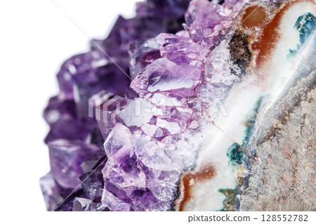 Amethyst Crystal Druse macro mineral on white background Amethyst Crystal Druse macro mineral on white background 128552782