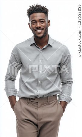 Studio portrait of a young African American businessman smiling with hands in pockets, exuding confidence and style against a white background 128552859