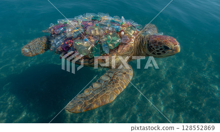 Plastic bottles and garbage covering the shell of a sea turtle swimming in the ocean 128552869