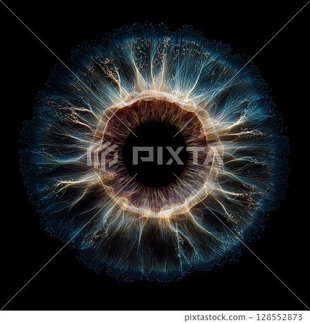Abstract illustration of an artificial organic iris with glowing interconnected lines, resembling a neural network, on a black background 128552873