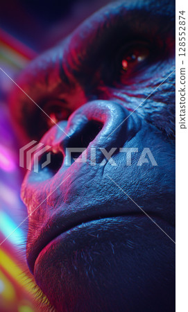Realistic gorilla portrayal glowing under neon illumination, blending primal essence with futuristic lighting design 128552874