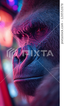 Gorilla portrait illuminated by pink and blue neon, casting dramatic shadows across powerful facial features 128552878