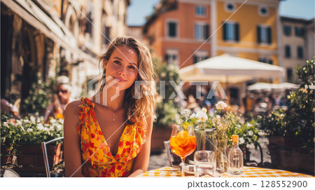 Tourist enjoying a traditional italian aperitif in a picturesque restaurant in Rome, Italy, during a sunny day Tourist enjoying a traditional italian aperitif in a picturesque restaurant in Rome, Italy, during a sunny day 128552900