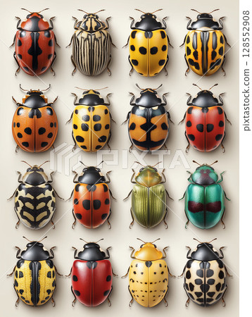 Colorful ladybugs displaying vibrant patterns and color variations, representing diverse characteristics of ladybug species 128552908