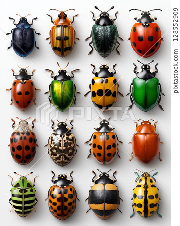 Vibrant ladybugs displaying unique colors, patterns, showcasing intricate details and natural beauty of tiny insects 128552909