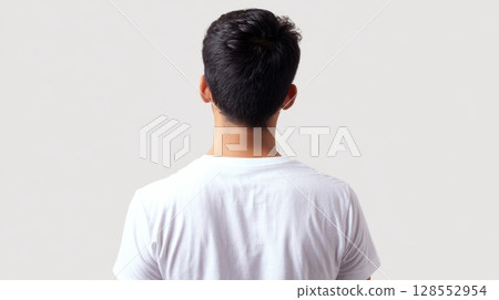 Rear view of a male model wearing a clean white tee, minimal studio background for branding or fashion concept use. 128552954