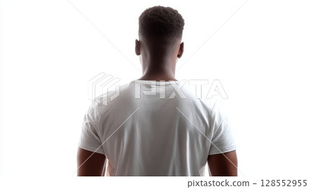 Back view of a man in a plain white t-shirt standing against a white background, perfect for apparel mockups and clothing design templates. 128552955