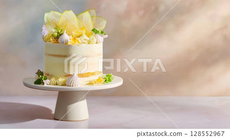 Elegant layered cake with starfruit cream and whipped topping on a ceramic pedestal, decorated with fresh starfruit slices and soft pastel styling for upscale patisserie branding or editorial use 128552967