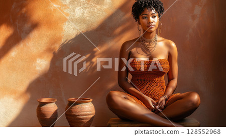Authentic portrait of boho elegance with ethnic accents and natural color palette. 128552968
