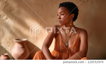 A Black woman in her late 20s with short natural hair wearing a burnt orange boho crochet dress and layered brass jewelry sitting on a low wooden stool in front of a textured terracotta wall, soft 128552974