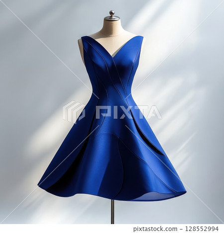 Sophisticated blue cocktail gown with modern design and studio lighting, shown on a minimal mannequin against a soft shadow backdrop. 128552994