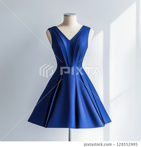 Sleeveless couture dress in rich blue fabric with vertical seam detailing, perfect for eveningwear editorials or boutique displays. Sleeveless couture dress in rich blue fabric with vertical seam detailing, perfect for eveningwear editorials or boutique displays. 128552995