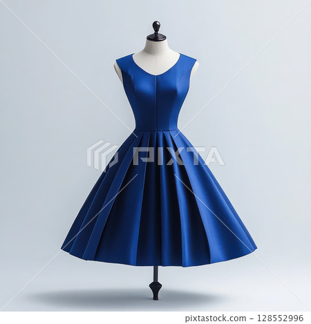 Elegant sapphire blue cocktail dress with a structured bodice and flared skirt, displayed on a mannequin in a high-fashion studio setup. 128552996