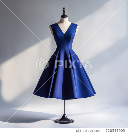 Sleeveless couture dress in rich blue fabric with vertical seam detailing, perfect for eveningwear editorials or boutique displays. 128553003