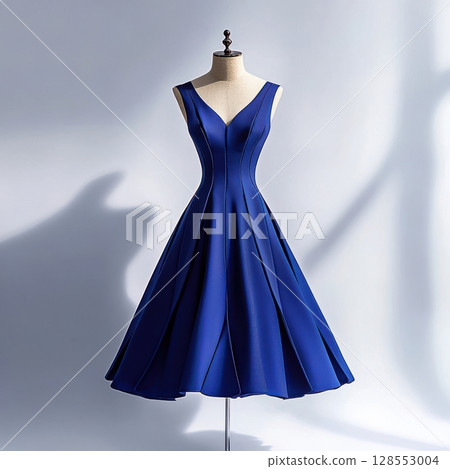 Elegant sapphire blue cocktail dress with a structured bodice and flared skirt, displayed on a mannequin in a high-fashion studio setup. Elegant sapphire blue cocktail dress with a structured bodice and flared skirt, displayed on a mannequin in a high-fashion studio setup. 128553004