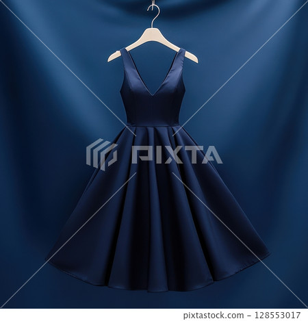 Vintage-inspired indigo women dress with fitted waist and box pleated A-line skirt, styled on hanger with moody lighting and clean seamless backdrop 128553017