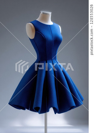 Sleeveless couture dress in rich blue fabric with vertical seam detailing, perfect for eveningwear editorials or boutique displays. Sleeveless couture dress in rich blue fabric with vertical seam detailing, perfect for eveningwear editorials or boutique displays. 128553026