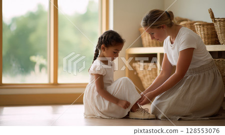 Tender moment of a woman helping a child with shoes in a serene, sunlit room with floor mats and open shelves. 128553076