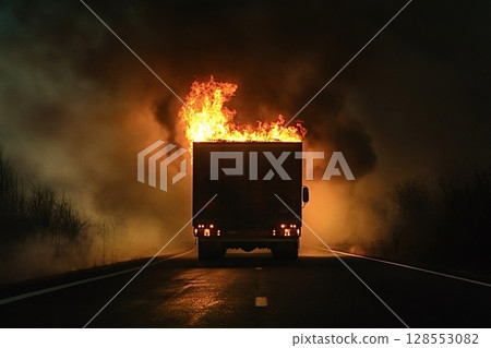 Burning truck trailer creating a fire hazard on the road at night 128553082