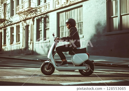 Stylish man riding electric scooter in urban setting 128553085