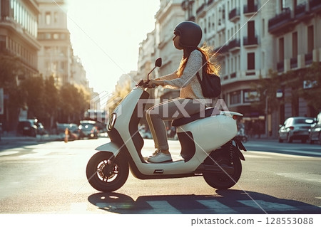 Young woman riding electric scooter in city center at sunset 128553088