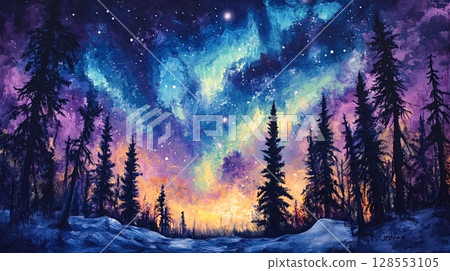 Vibrant northern lights illuminating winter forest painting Vibrant northern lights illuminating winter forest painting 128553105