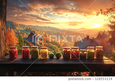 Preserving the autumn harvest: jars of food displayed on a rustic table  128553114