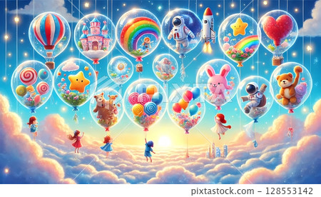 An illustration of a child's wishes and dreams packed into a balloon and flying into the sky An illustration of a child's wishes and dreams packed into a balloon and flying into the sky 128553142