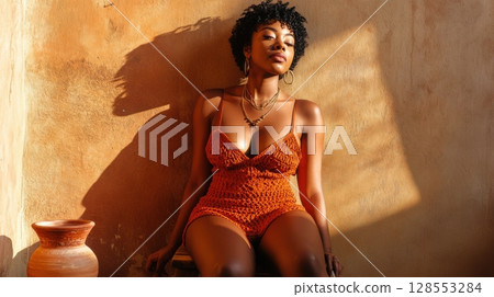 Authentic portrait of boho elegance with ethnic accents and natural color palette. Authentic portrait of boho elegance with ethnic accents and natural color palette. 128553284