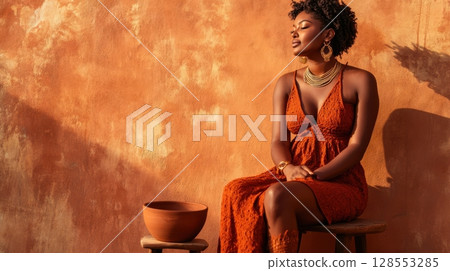 Earthy fashion editorial featuring crochet textures, handcrafted pottery, and dusty sunlight. 128553285