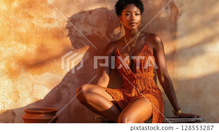 Earthy fashion editorial featuring crochet textures, handcrafted pottery, and dusty sunlight. 128553287