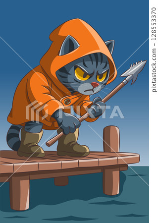 Cat fisherman with harpoon on pier vector illustration 128553370