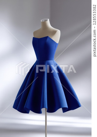Elegant sapphire blue sleeveless cocktail dress with flared skirt and structured bodice on mannequin, couture fashion display with modern lighting and soft shadowed studio background 128553382