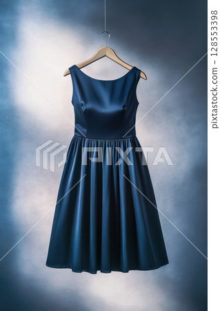 Vintage-inspired indigo women dress with fitted waist and box pleated A-line skirt, styled on hanger with moody lighting and clean seamless backdrop Vintage-inspired indigo women dress with fitted waist and box pleated A-line skirt, styled on hanger with moody lighting and clean seamless backdrop 128553398