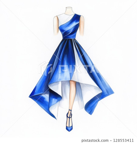 Fashion design sketch in vivid blue tones showcasing a structured, minimalistic dress concept with realistic fabric rendering and crisp contours. 128553411