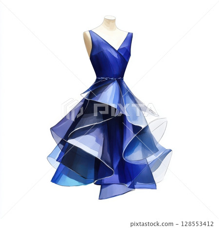 Cobalt fashion illustration with dynamic design lines and modern silhouette, perfect for use in fashion portfolios or editorial visuals. 128553412