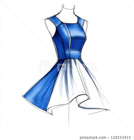 Fashion design sketch in vivid blue tones showcasing a structured, minimalistic dress concept with realistic fabric rendering and crisp contours. 128553415