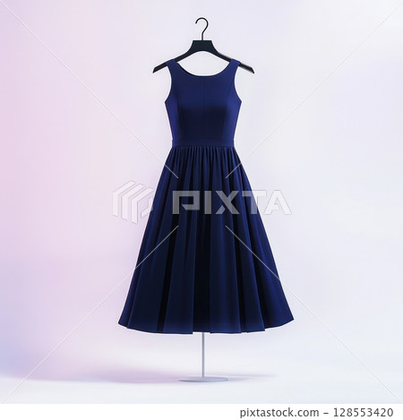 Elegant A-line pleated dress in rich indigo, styled on a hanger with soft fabric textures and seamless backdrop for boutique or editorial display. 128553420