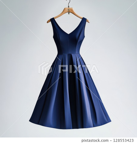 Vintage-inspired indigo dress with dramatic silhouette and couture details, photographed under ambient lighting for a refined fashion presentation. 128553423