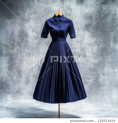 Elegant A-line pleated dress in rich indigo, styled on a hanger with soft fabric textures and seamless backdrop for boutique or editorial display. 128553424