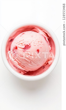 Refreshing pink scoop of strawberry ice cream, isolated for packaging, banners, and print, styled with smooth fruit texture and creamy surface. Refreshing pink scoop of strawberry ice cream, isolated for packaging, banners, and print, styled with smooth fruit texture and creamy surface. 128553468