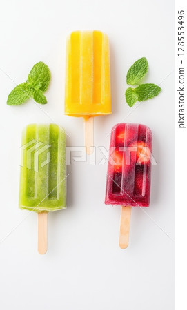 Minimal top-down view of three colorful popsicles in mango, berry, and mint flavors with natural fruit textures and frost. Ideal for summer product promos, packaging, or refreshing treat visuals. 128553496