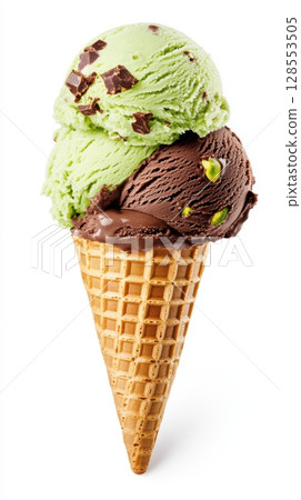 Double scoop ice cream cone with pistachio and chocolate flavors, isolated on white, styled with visible nuts and melting texture for food visuals. Double scoop ice cream cone with pistachio and chocolate flavors, isolated on white, styled with visible nuts and melting texture for food visuals. 128553505