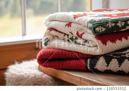Cozy stack of festive red, green, and ivory knitted blankets with holiday patterns like reindeer and stars on wooden bench, bathed in soft window light for a rustic winter feel. 128553532