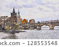 Winter view of Charles Bridge over the Vltava River in Prague, the capital of the Czech Republic (AI generated from original image) 128553548