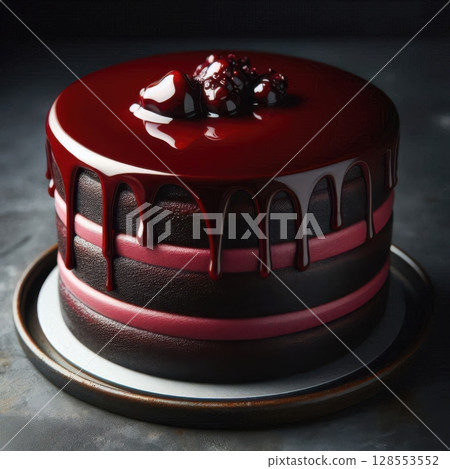 Close-up of a rich chocolate cake topped with fresh berries and glossy glaze, styled on a dark background for sophisticated dessert visuals, ideal for high-end food campaigns. 128553552