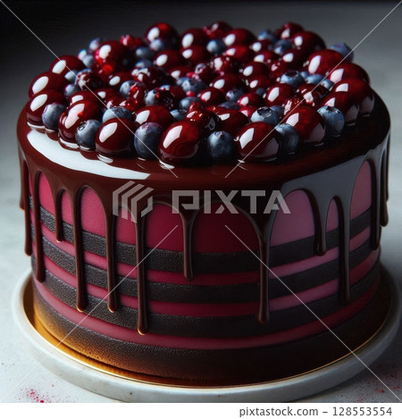 Elegant chocolate layer cake with rich dark cream and shiny berry glaze, topped with fresh berries and styled on slate with moody lighting, perfect for luxury food promotion. 128553554