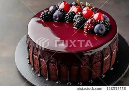 Elegant chocolate layer cake with rich dark cream and shiny berry glaze, topped with fresh berries and styled on slate with moody lighting, perfect for luxury food promotion. Elegant chocolate layer cake with rich dark cream and shiny berry glaze, topped with fresh berries and styled on slate with moody lighting, perfect for luxury food promotion. 128553558